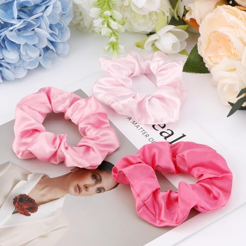 Satin Scrunchies Set of 12 - Elastic Silk Bubble for Girls, Pink Hair Accessories and Valentine's Day Gifts - color: Pink