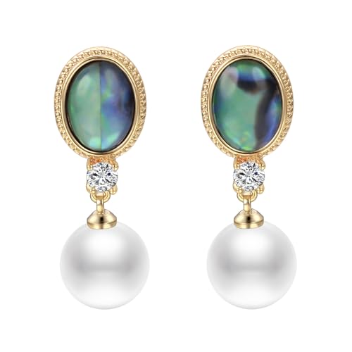 Yoursfs Abalone Shell Pearl Clip On Earrings for Women Colorful Cubic Zirconia Earrings Non Pierced Freshwater Pearl Drop Dangle Earring Trendy Jewelry - style: Abalone Shell Pearl Earrings