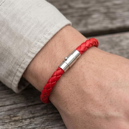Faux Leather Braided Rope Bracelet, Cylindrical Plug In Clasp Solid Red Thread Hand Chain Unisex Casual Wristband - color: Red