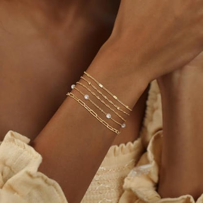 Dainty 14K Gold Plated Bracelets for Women Waterproof, Non Tarnish Gold Jewelry Sets, Thin Stackable Link Paperclip Chain Bracelet Pack Fashion Accessories Gifts for Womens - style: 5Pcs BRACELET SET-05