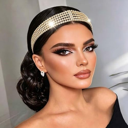 Gold Bridal Head Chain for Women Crystal Headpiece Elastic Layered Wedding Flapper Forehead Jewelry - color: Gold