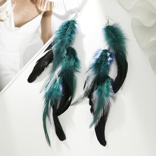 Bohemian Long Feather Earrings for Women Handmade Natural Dangle Tassel Jewelry - color: Style T
