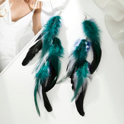 Bohemian Long Feather Earrings for Women Handmade Natural Dangle Tassel Jewelry - color: Style T