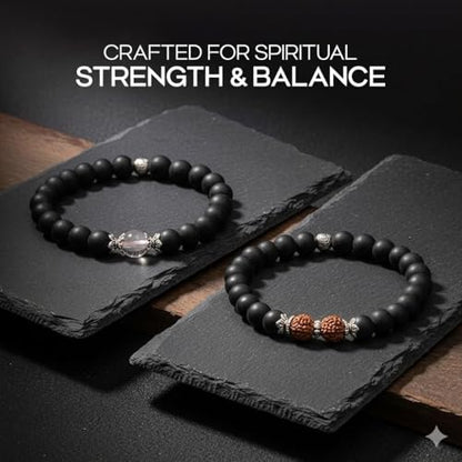 Avoirr 2 Bracelet Set – 8mm Karungali/Ebonywood with Clear Quartz Beads-Rudraksha & Karungali Bracelet | Handcrafted Spiritual Meditation Bracelet | Traditional Energy Balance & Protection Beads | Unisex – Handmade Natural Wooden & Crystal Bracelets for M