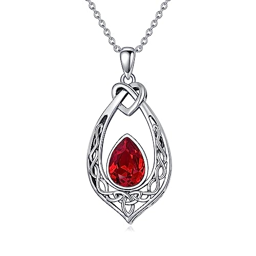 AOBOCO Celtic Knot Necklace 925 Sterling Silver Oxidized Vintage Love Knot Pendant Necklace with Simulated Birthstone Crystal, Birthday Christmas Jewellery Gifts for Women - color: Red