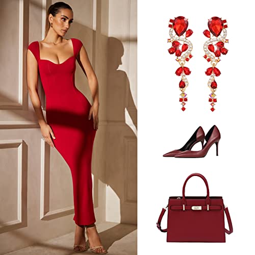Fashion Rhinestone Statement Drop Dangle Earrings Long Colorful Crystal Bridal Wedding Teardrop Chandelier Earrings for Women Prom Pageant - color: Red
