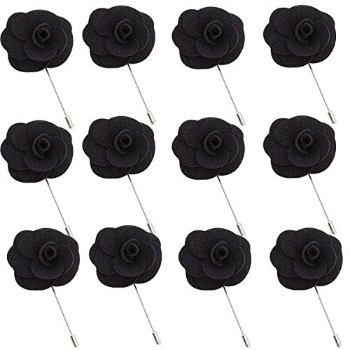 12 Pcs Flower Lapel Pins, Handmade Camellia Flower Boutonniere for Men Women Suit Wedding Party - color: 12X Black-pin
