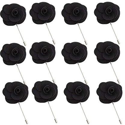 12 Pcs Flower Lapel Pins, Handmade Camellia Flower Boutonniere for Men Women Suit Wedding Party - color: 12X Black-pin