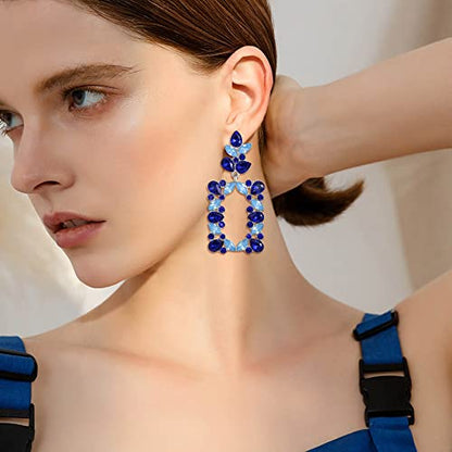 Clip-on Dangle Earring Earrings Art Deco Sparkly Rhinestone Marquise Teardrop Rectangle Geometric Statement for Women - color: Navy Blue Silver-Tone