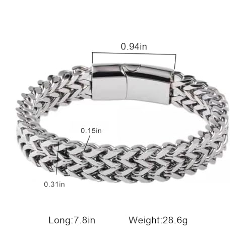 Braided Chain Bracelet 1-Pack - Stainless Steel Franco Link Bracelet with Push-Button Clasp (Gold, Silver, Black Options) - color: Silver