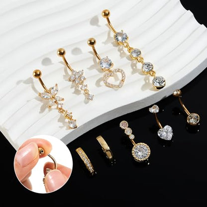 9PCS Belly Button Ring Dangle Stainless Steel Belly Rings 14G 1.6MM Belly Piercing Cute Navel Ring Piercing Jewelry Belly Ring for Women - color: 9PC Gold Set