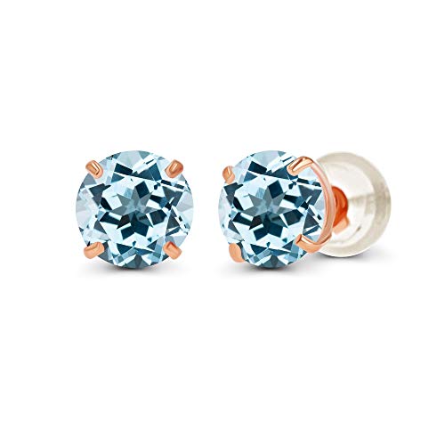 Solid 14K Yellow or White or Rose Gold 6mm Round Genuine Birthstone Gemstone Prong Set Stud Earrings For Women - color: Blue Topaz-Sky Blue Topaz