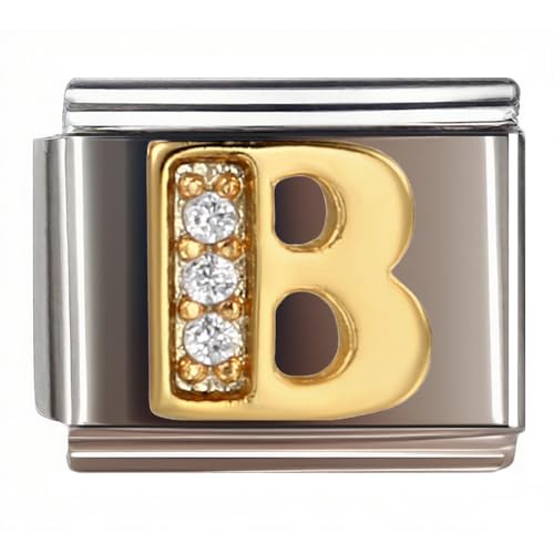 9MM Diamond Golden Letter Charm for Italian Charm Bracelet,DIY Italian Module Chain for Women - style: Letter-B