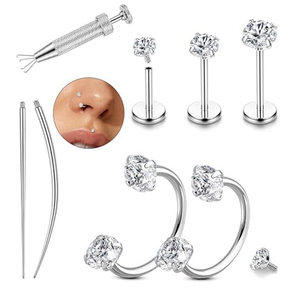 18G Horseshoe Nose Rings for Women Internally Threaded Flat Back Earrings | Labret Stud Hypoallergenic Surgical Steel Double Gem Nose Rings with CZ Helix Tragus Septum Lip Nostril Piercing Jewelry Set - color: Silver