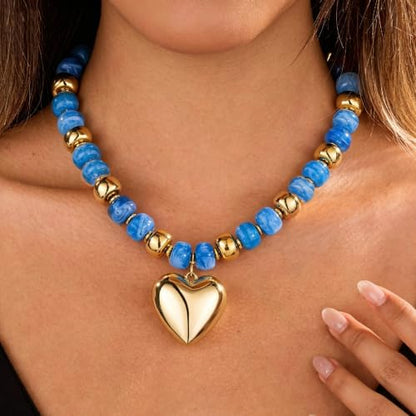 Resin Chunky Colorful Beaded Necklace | Adjustable Boho Statement Necklace,Summer Beach Party Jewelry - color: Heart+Sky Blue