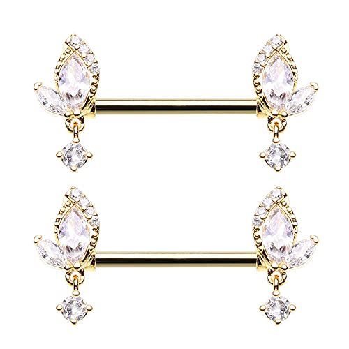 Pierced Owl 14GA Stainless Steel CZ Crystal Leaf with Dangling Gem Nipple Barbells, Sold as a Pair - style: Gold Tone