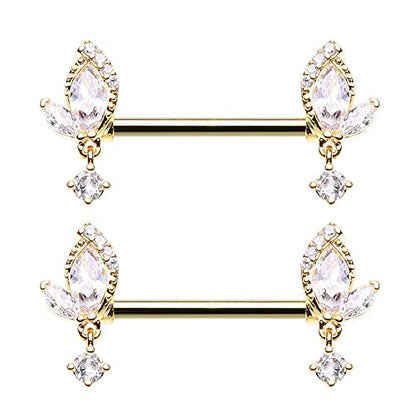 Pierced Owl 14GA Stainless Steel CZ Crystal Leaf with Dangling Gem Nipple Barbells, Sold as a Pair - style: Gold Tone