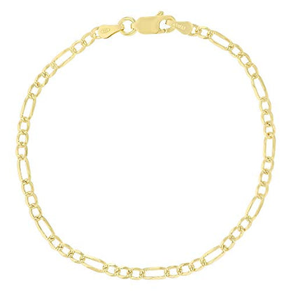 14K Gold or Rhodium Plated Silver Figaro Diamond Cut Pave Chain For Men | 1mm-13mm Thick | Solid 925 Figaro Italian Necklaces For Men - style: 2.60MM- Yellow