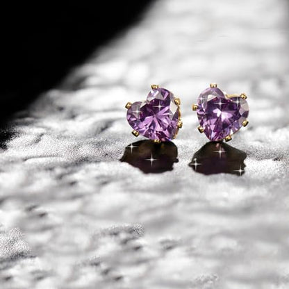8mm Heart-Cut Birthstone Stud Earrings for Women – 18K Gold Plated Hypoallergenic Cubic Zirconia Earrings, Nickel Free, 12 Months Colors, Everyday Jewelry, Gift for Her, Bridal, Birthday, Christmas - color: 06 Jun Purple