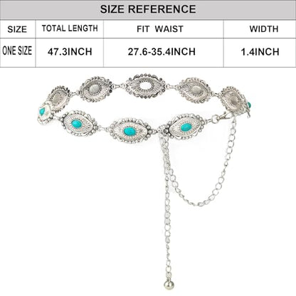 ILuvatar Western Metal Concho Belt for Women Cowgirl Waist Chain for Women Dress Pants Adjustable - color: Silver-s78