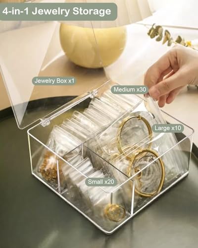 HomePekite 4 In 1 Acrylic Jewelry Organizers and Storage with 60 Portable Anti Tarnish Jewelry Bags, Clear Jewelry Box Organizer, Travel Jewelry Case for Earrings/Rings/Necklaces for Women Girls - style: 4-in-1 Jewelry Box