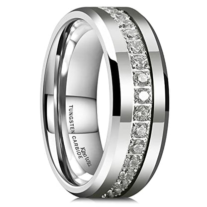 King Will 8mm Tungsten Carbide Rings for Men Cubic Zircon Stones Inlay - color: Silver 8mm