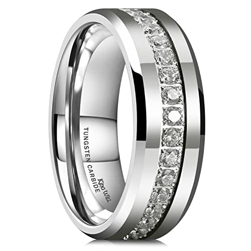 King Will 8mm Tungsten Carbide Rings for Men Cubic Zircon Stones Inlay - color: Silver 8mm