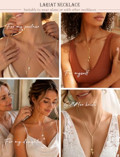 Lariat Gold Silver Necklace for Women Long Dainty Y Necklace 14k Gold Plated Drop Chunky Necklace Trendy Clover Heart Cross Teardrop Cz Pendant Statement Simple Adjustable Jewelry Gift - color: Gold- Cross