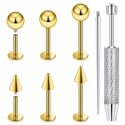 Internally Threaded Labret Studs 18G 16G 14G Surgical Steel Lip Piercing Jewelry with Claw Tool Monroe Snake Bite Jewelry Flat Back Barbell for Women Men Plus Piercing Ball Grabber Tool - color: goldtone, size: 14g,ball+spike end