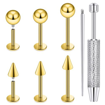Internally Threaded Labret Studs 18G 16G 14G Surgical Steel Lip Piercing Jewelry with Claw Tool Monroe Snake Bite Jewelry Flat Back Barbell for Women Men Plus Piercing Ball Grabber Tool - color: goldtone, size: 14g,ball+spike end