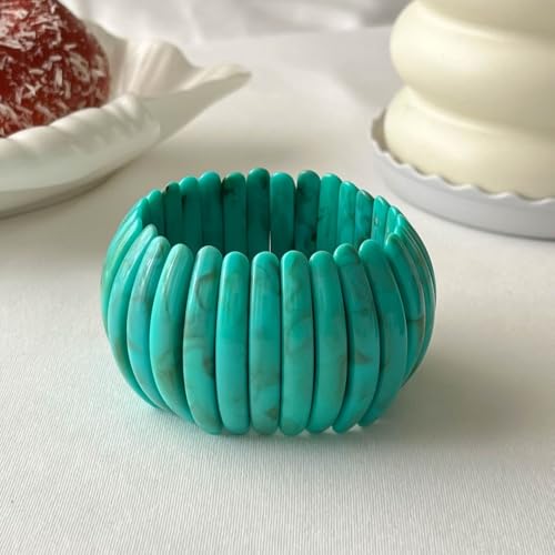 Boho Retro Acrylic Resin Stretch Bangle Bracelets Colorful Wide Chunky Irregular Geometric Tube Bead Wristband Statement Bracelet for Women Fashion Party Wedding Jewelry Gifts - color: Turquoise green
