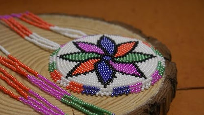 Handmade Native American Style Tribal ethnic Seed Bead Beaded Layered Medallion Necklace - color: Off White Floral