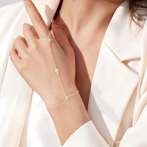 Emibele Gold Bracelets for Women, 18K Gold Plated Hand Chain, Cubic Zirconia Stainless Steel Non Tarnish Hand Chain Bracelet with Finger Ring, Adjustable Trendy Jewelry Valentines Day Gifts for Women - style: Four Leaf Flower