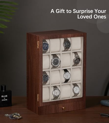 Homde Wooden Watch Box for Men: Display Case with 16 Slots | Organizer for Watches Glasses Jewelry - Nightstand Dresser Display-Clear Dustproof Window for Easy Viewing (L Size) - size: L