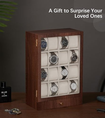 Homde Wooden Watch Box for Men: Display Case with 16 Slots | Organizer for Watches Glasses Jewelry - Nightstand Dresser Display-Clear Dustproof Window for Easy Viewing (L Size) - size: L