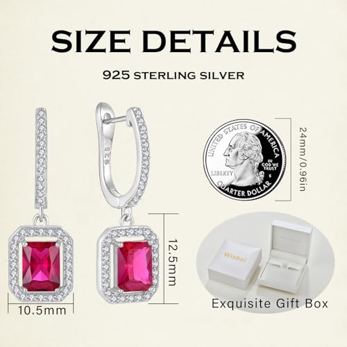 Women's Solitaire Dangle Drop Earrings 925 Sterling Silver Pure Square Huggie Earrings Hoop Dangle Drop Earrings Jewelry Gift - color: 07-ruby-Jul