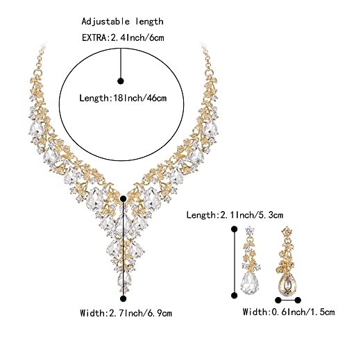 BriLove Women's Wedding Bridal Austrian Crystal Teardrop Flower Cluster Statement Necklace Dangle Earrings Jewelry Set for Party Prom - color: 2Pcs-Clear Gold-Tone