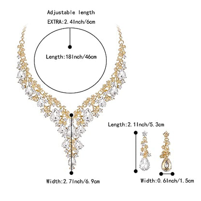 BriLove Women's Wedding Bridal Austrian Crystal Teardrop Flower Cluster Statement Necklace Dangle Earrings Jewelry Set for Party Prom - color: 2Pcs-Clear Gold-Tone