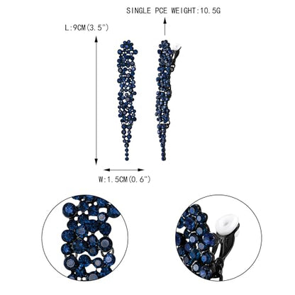 EVER FAITH Rhinestone Crystal Art Deco Statement Clip-on Earring, Wedding Prom Long Chandelier Dangle Earrings for Women - color: Sapphire Blue Black-Tone