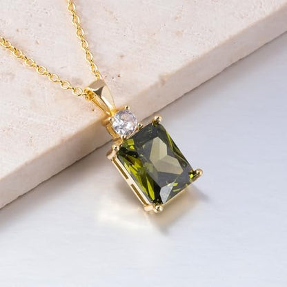 CiNily Rectangular Crystal Necklace for Women Trendy, Pendant Necklace with Chain 14K White Gold | Gold Plated Multicolor Birthstone Pendant Necklaces Boho Jewelry for Christmas Birthday Wedding - color: Gold-Olive Green cz