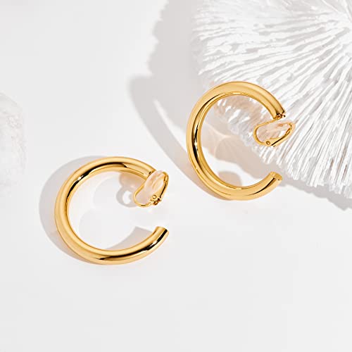 WOWORAMA Chunky Gold Hoop Clip On Earrings for Women | Large Chunky Hoops Clips Earrings, Polished Gold-Plated Clip-On Hoops, Statement Non Pierced Jewelry - color: 40mm Round Hoops