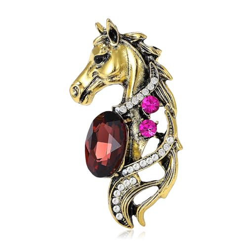 Vintage Rhinestone Horse Brooch For Women Statement Palace Style Enamel Horse Head Openwork Mane Filigree Oval Gem Accent Gold Silver Colors - color: Gold