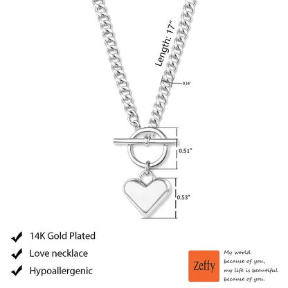 Zeffy 14K Gold/Silver Plated Chunky Thick Chain Toggle Clasp Necklace Dainty Baroque Pearl/Heart/Cross/Turquoise Pendant Necklace - color: Silver Small Heart Necklace