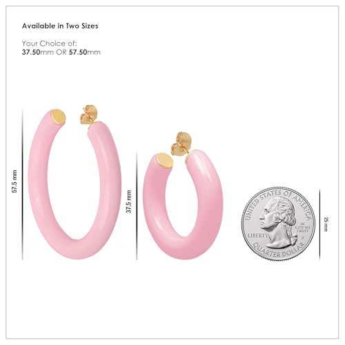 Gold Plated Multicolor Resin Chunky Thick Open Hoop Earrings in 57MM and 37.5MM Diameters - color: Pink - Pastel - Glossy Finish, size: 37.5MM (1.48") Diameter