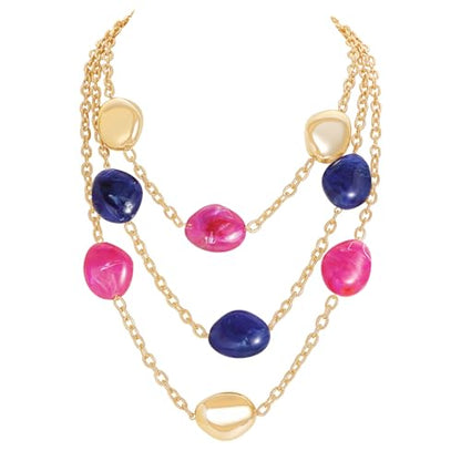 Bocar 3 Layered Statement Necklace for Women Multi Strand Necklace with Resin Beads, Chunky Layered Chain Necklace (NK-10826) - color: Rose Blue