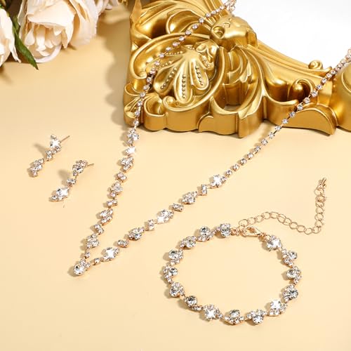 Telooco Jewelry for Prom,Silver Necklace for Women Prom, Rhinestone Crystal Necklace Bracelet Earrings Set, Silver Accessories for Women Jewelry for Wedding Party