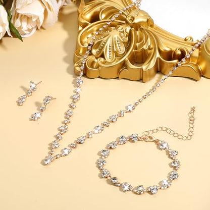 Telooco Jewelry for Prom,Silver Necklace for Women Prom, Rhinestone Crystal Necklace Bracelet Earrings Set, Silver Accessories for Women Jewelry for Wedding Party