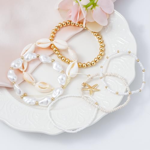Summer Surfer Heishi Bracelet Set for Women Stackable Gold Plated Clay Ploymer Bead Stretch Pink Beach Layering Bracelets Jewelry - color: A-Starfish bracelet