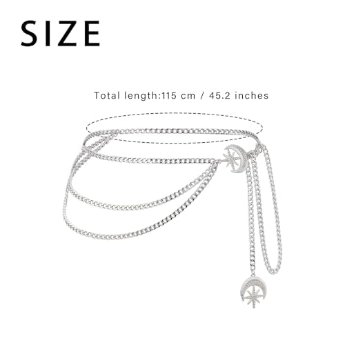 3 Layered Metal Waist Chain Belt for Women Moon & Sun Belly Belt Body Chain Jewelry for Dress Jeans - color: Silver-Rhinestone