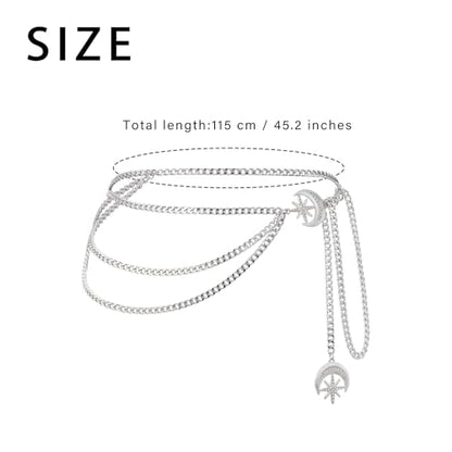 3 Layered Metal Waist Chain Belt for Women Moon & Sun Belly Belt Body Chain Jewelry for Dress Jeans - color: Silver-Rhinestone